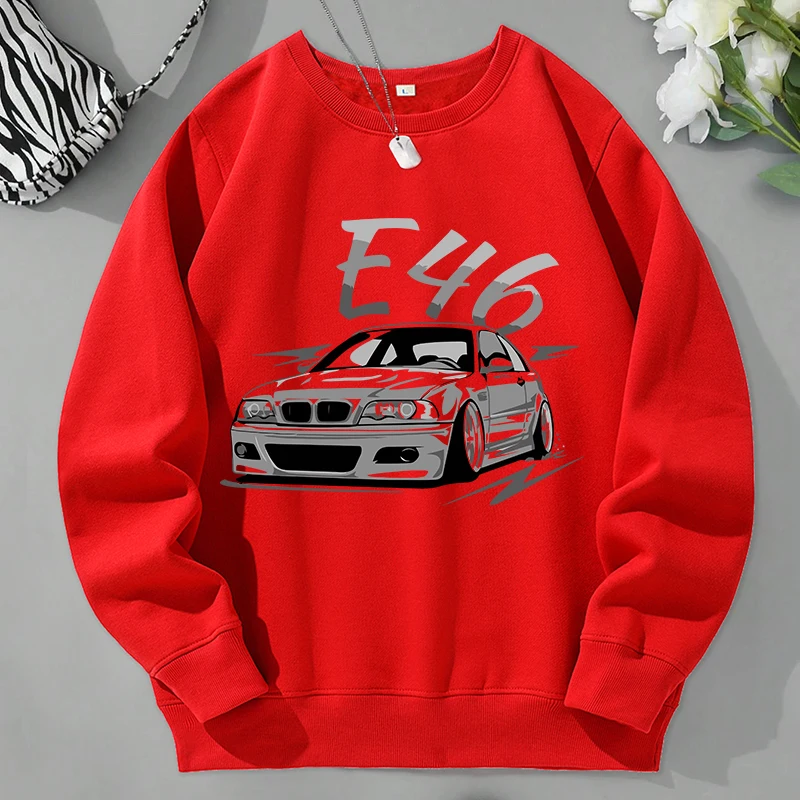 

E46 Car Printed Pullover Men Warm Fleece Sports Wear Fashion Casual Street Sweatshirts Autumn Round Neck Basic Men Sportswears