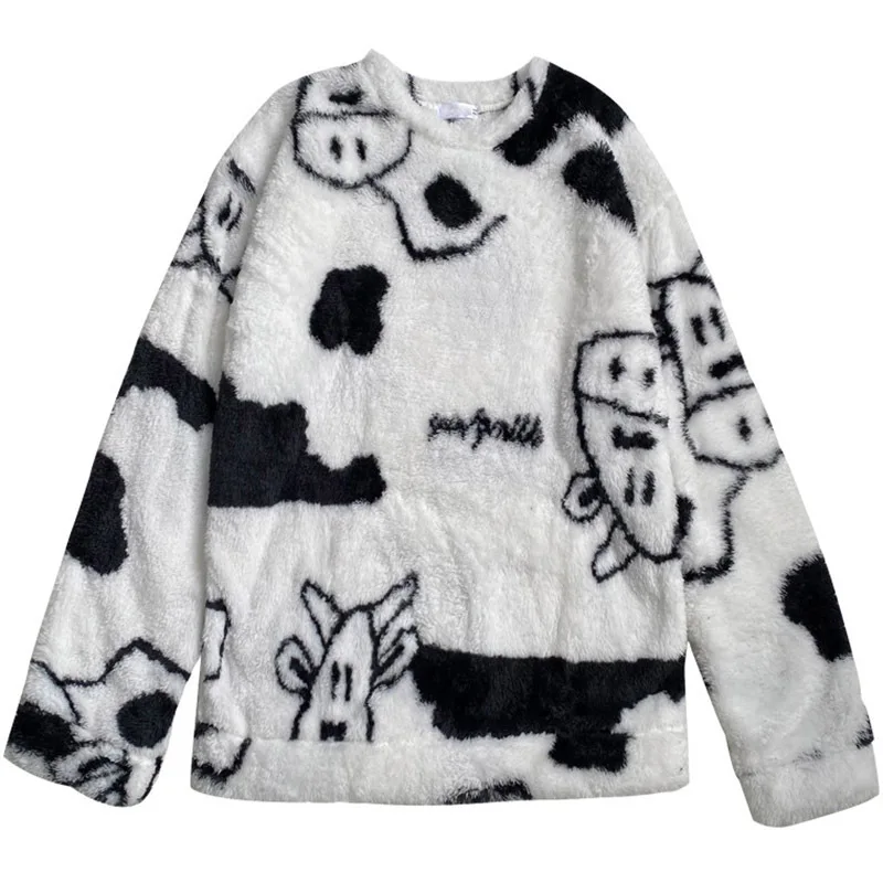 Oversize Sweatshirt Cartoon Cow Print Lamb Hair O-Neck Long Sleeve Man Sweatshirts Korean Fashion Hip Hop Clothes Streetwear