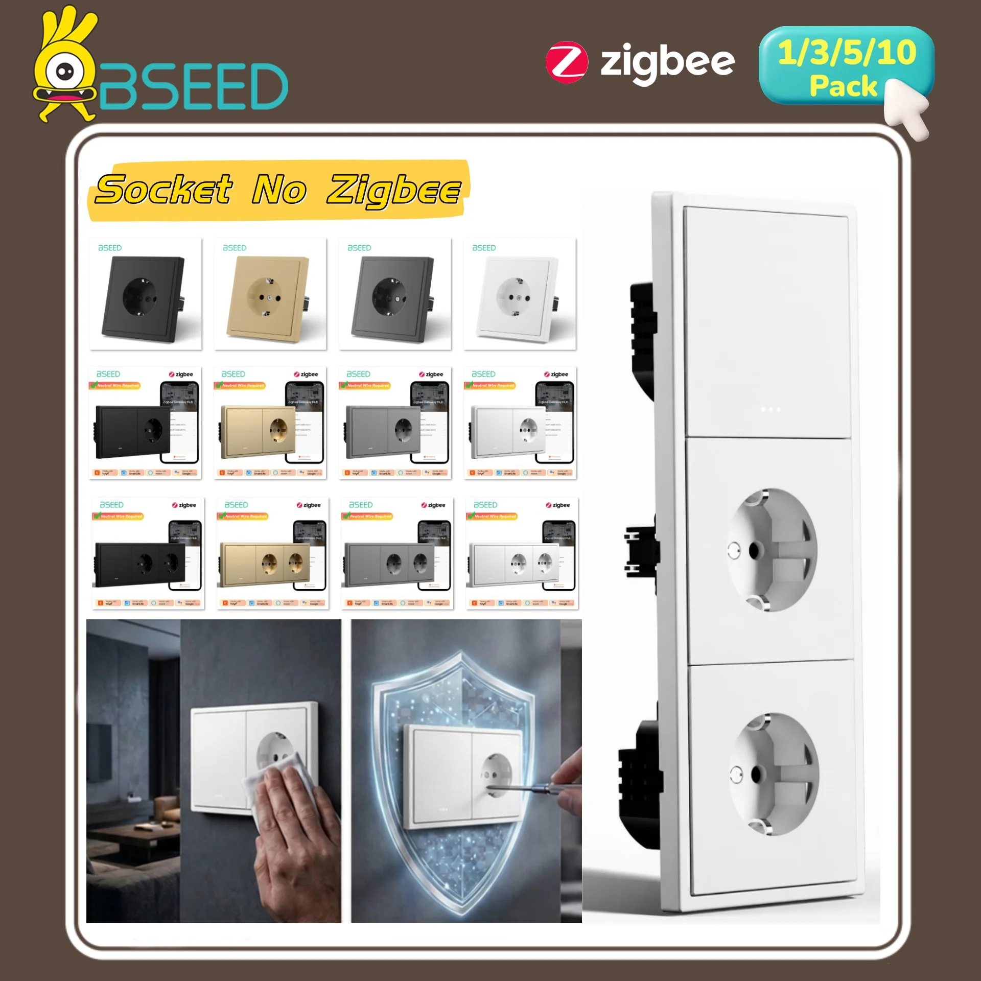 BSEED Large Button Zigbee Switch 16A Normal Wall Power Sockets Smart Wall LED Light Switches Home 1Gang Click Switches EG-Series