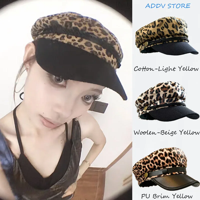 

Y2K Women Leopard Print Military Hat Spring Autumn Beret Female Flat Flat Caps for Women Newsboy Cap British Beret Gorras Hombre