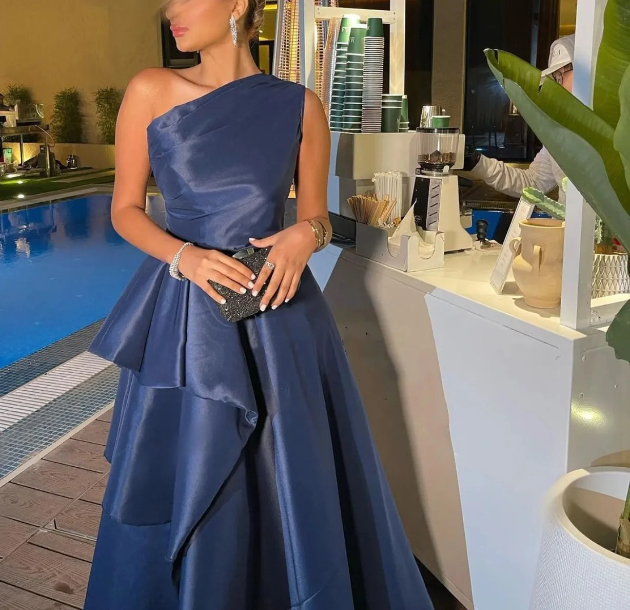 Elegante Marineblauwe Moslim Avondjurken Met Één Schouder Lange Taft Een Lijn Robe De Soirée Feestjurk Voor Vrouwen فساتين السهرة ة