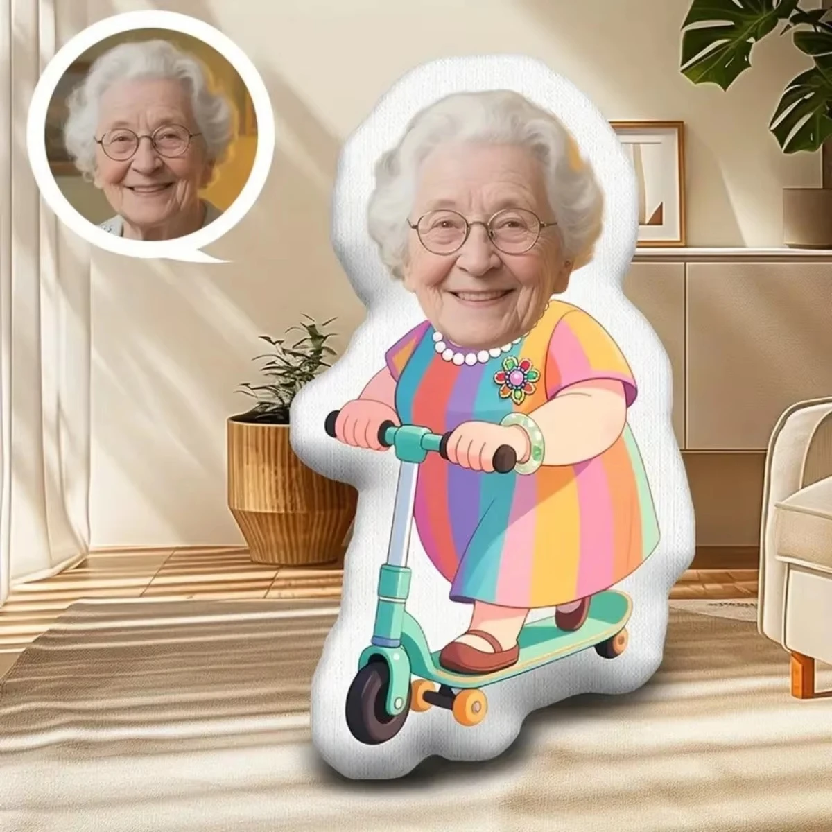 Custom Grandma Scooter Shape Photo Pillow Personalized Human Face Printed Plush Cushion 6 Sizes Optional Memorial Gift