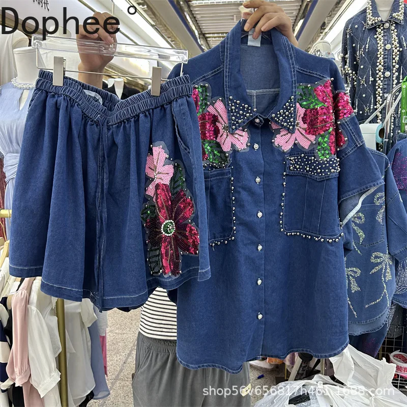 

Fashion Summer Blue Denim Two-piece Set Sequins Flowers Beads Loose Short Sleeve Cardigans Top + Wide Leg Straight Pants Suits