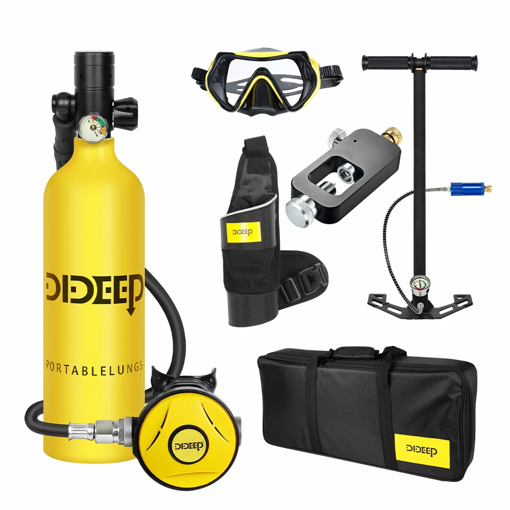 DIDEEP 1L Mini Duikfles Set, 15-20 Minuten Onderwater Duikcilinder met Handpomp, Draagbare Longenfles met 3000 PSI