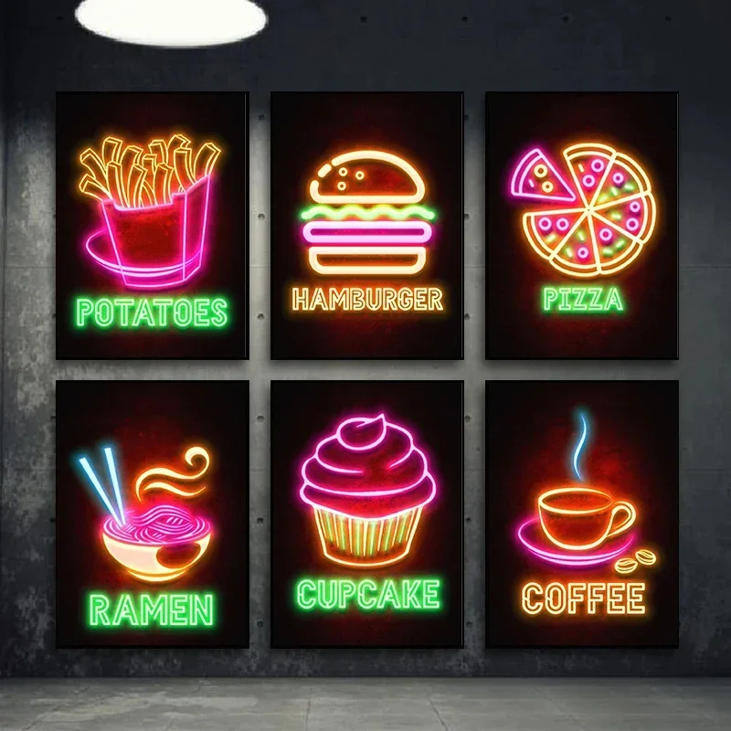 Pósteres con Efecto Neón de Comida, Hamburguesas, Pizza, Ramen, Café, Cupcakes, para Restaurantes, Impresiones en Lienzo, Cuadros Decorativos para Pared, Decoración de Cocina NO L