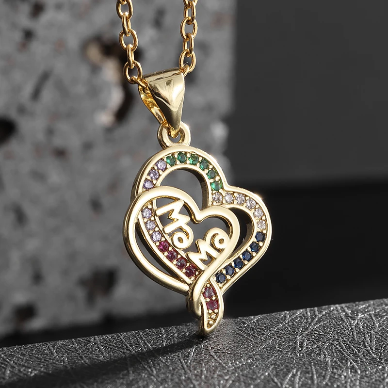 Personalized Creative Variation Double Heart-Shaped Colorful Zircon Pendant Necklace Engraved Letters Mother's Day Jewelry Gift