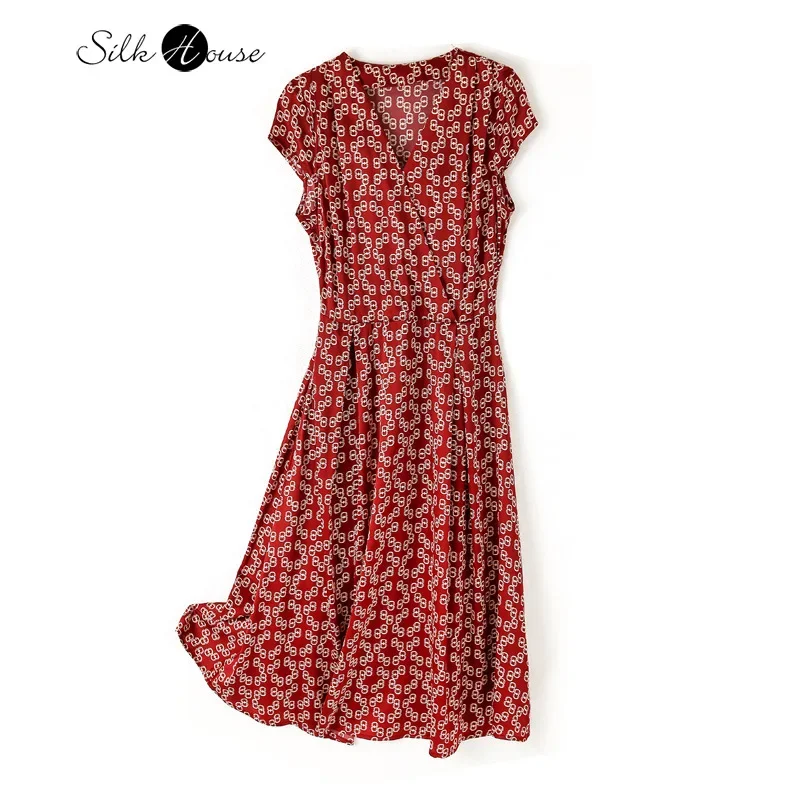 

Heavy Natural Mulberry Silk Women's Dress Summer Dress V-neck Print Large Loose Dress Dresses for Women Party