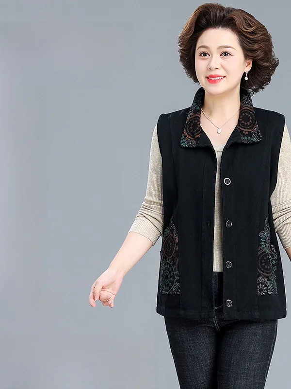 Faionable Cotton Polyester Vest Outerwear for Middle-Aged And ly Women Spring Autumn Wearable Patch ket Open Cardigan