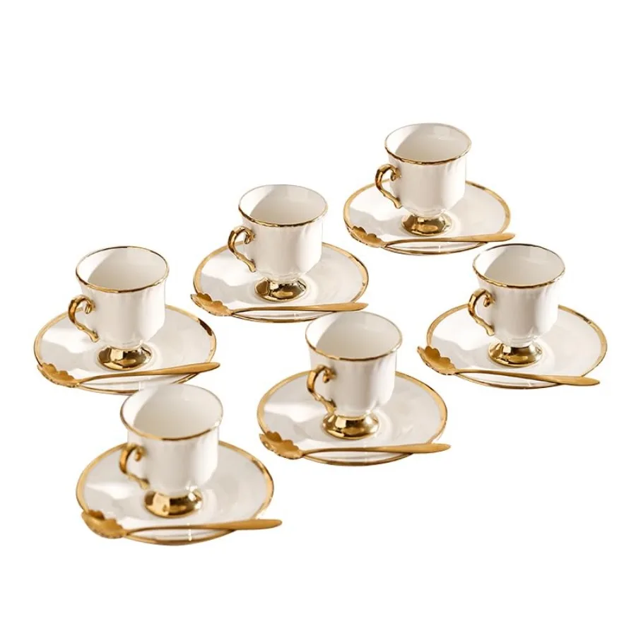 

Ceramic coffee cups and saucers, 6 cups 6 saucers 6 spoons, 18 pieces 3 oz gold rim cup sets, teacup tea set sets, suitable for