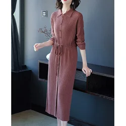 Fashion Lapel Loose Shirring Bandage Bow Casual Dresses Women's Clothing 2023 Autumn New Solid Color Korean Midi Dress