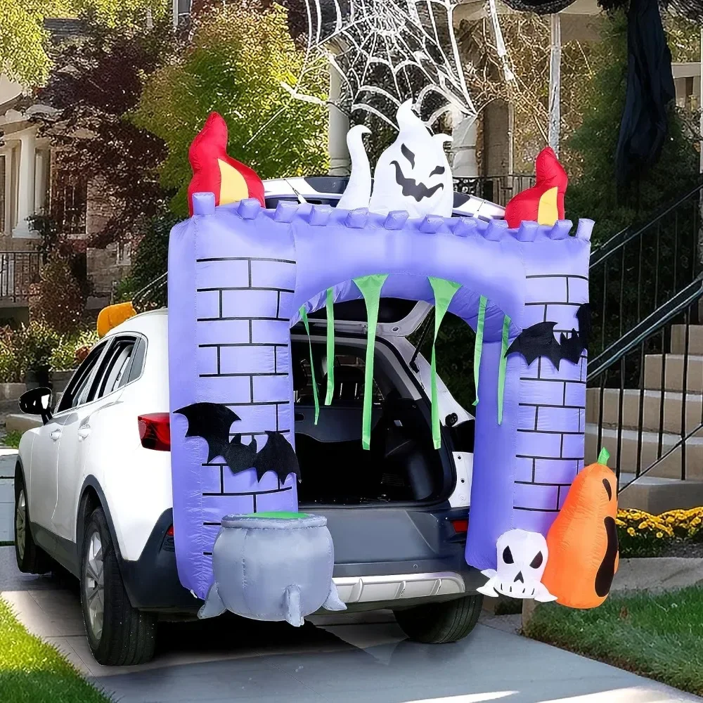 Halloween Inflatable Haunted Castle with Build LED,Trunk or Treat Car Decorations,Blow Up Ghost and Pumpkin for Car Decoration