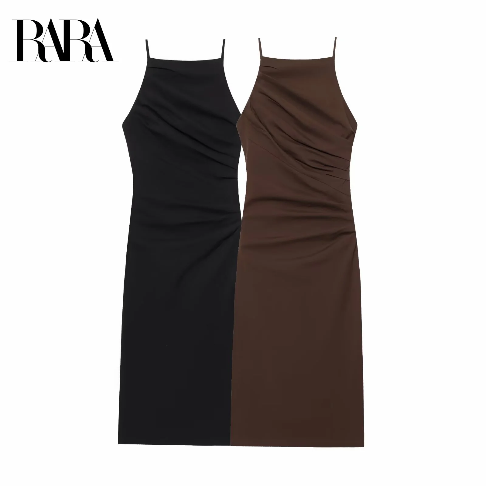 

RARA Women's Summer New Ruched Decorated Elegant Sexy Sleeveless Halter Mid - Length Straight Dress