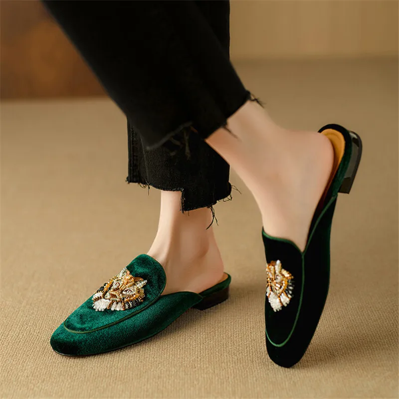 New Chinese Style Embroidery Women Pumps Spring Summer Woman Shoes Fashion Mules Slippers Shoes for Women Zapatos Mujer Green