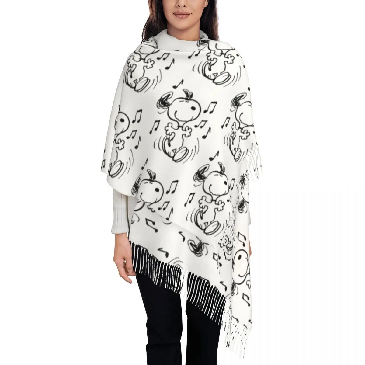 Snoopys Dancing Shawl Wrap for Ladies Winter Large Soft Scarf Cartoon Pashminas Tassel Scarves