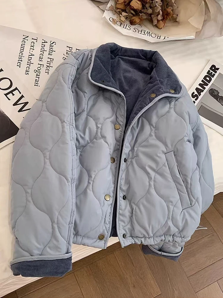 

Blue Corduroy Parka Coats Women Korean Loose Reversible Warm Puffer Jacket Y2K Winter Thick All Match Lapel Outerwears Mujer