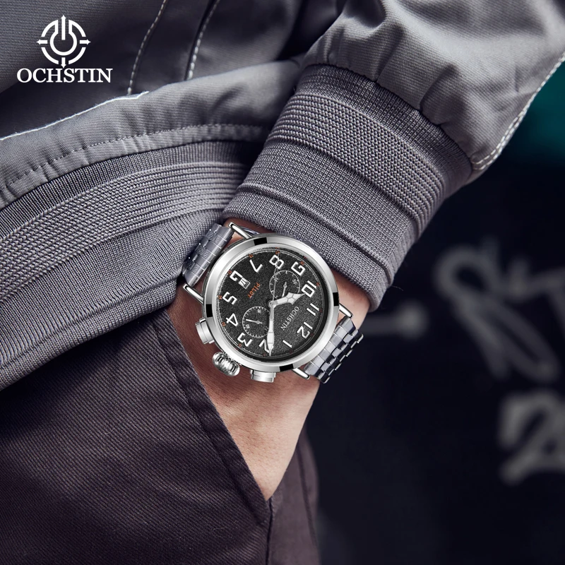 OCHSTIN Casual Aviation Male Quartz Timepiece Practical Multi-function Quartz Movement Stainless Steel Strap Waterproof Wrist