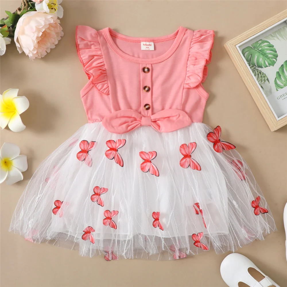 Fashion Baby Girl Print Tulle Dress Ruffle Sleeveless Pink Top +Bow Detail Casual Summer Sundress for Infant Toddler Girls 1-5Y