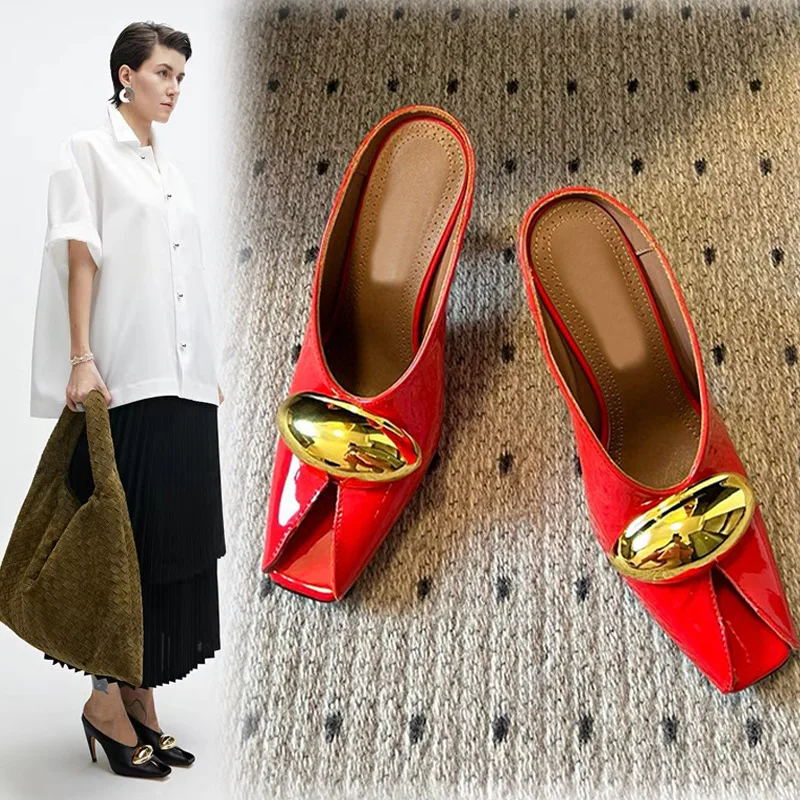 

Peep Toe Metal Buckle Special-Shaped High-Heel Slippers Large-Size Show Sandals Shallow Patent Leather Slip-On Women Shoes