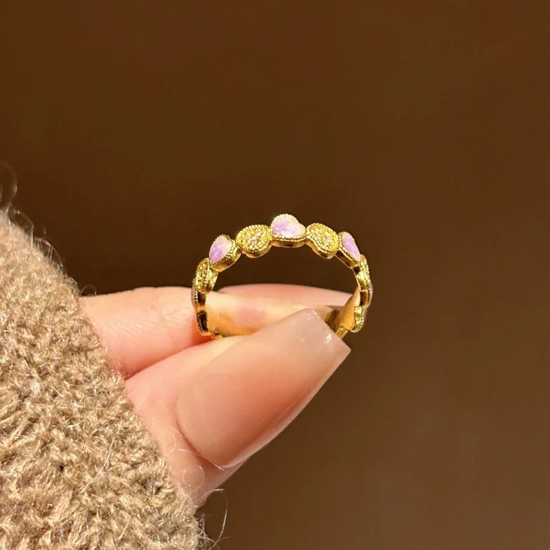 خاتم حب رومانسي للفتيات الوردية للنساء، خاتم على شكل صف ذهبي فاخر وخفيف الوزن، مجوهرات راقية