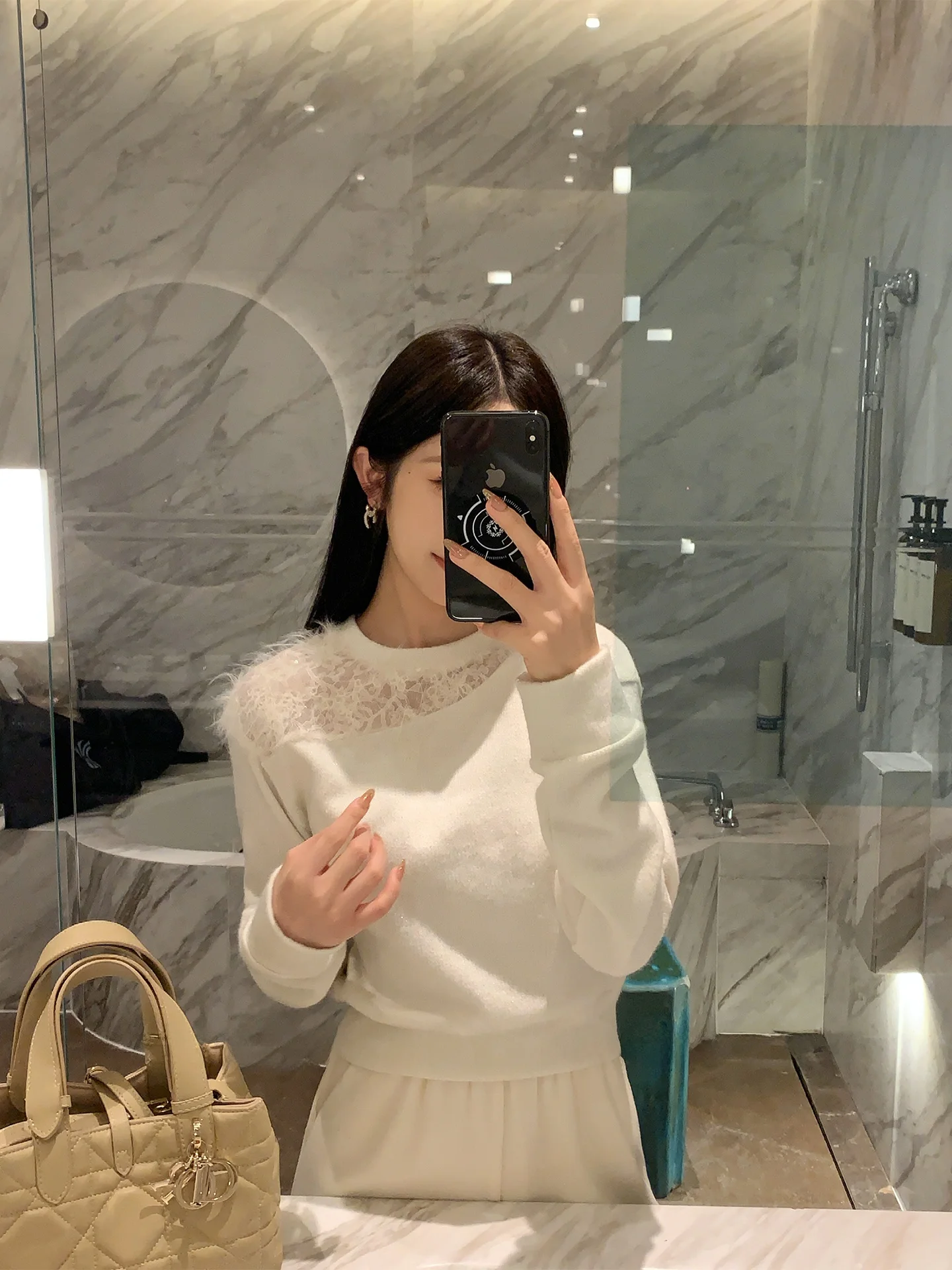 

Women's Knitted Wool Blend Base irt Lace Splicing Inner Wear Top Spring Season Simple Sle Long Sve round Ne Design