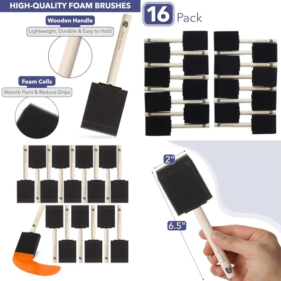 Bates- Foam Paint Brushes, 2 Inch, 16 Pack, Wooden Handle, Sponge Brushes for Painting, Staining, Varnishes, Gluing and DIY Cra