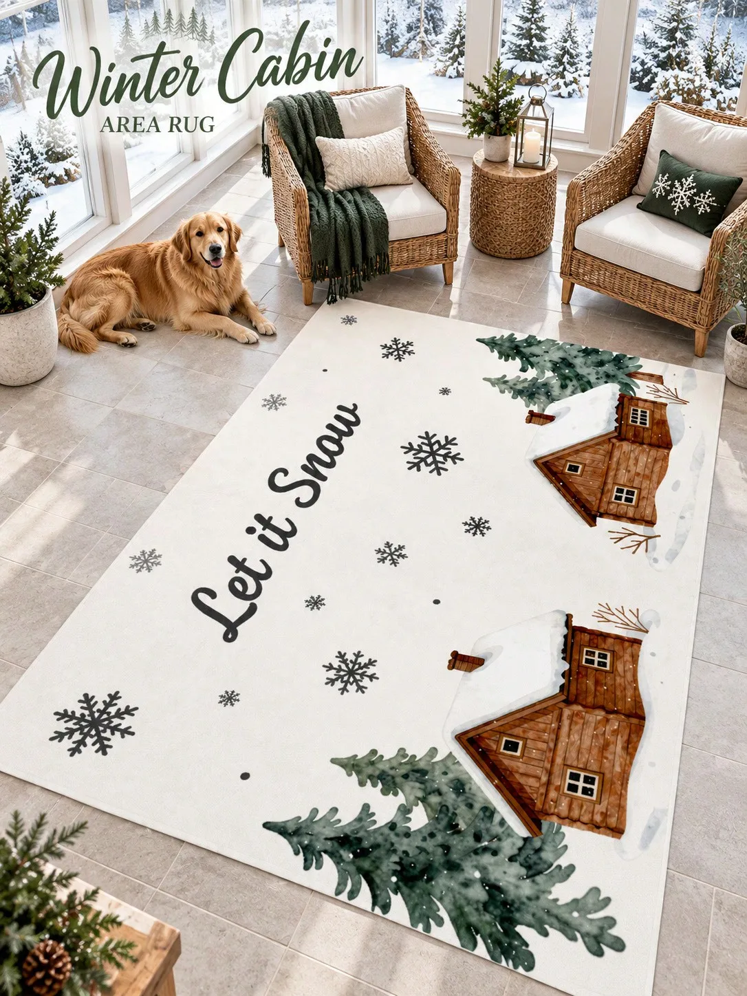 Christmas Rug Winter Cabins Trees Snowflakes Living Room Bedroom Lounge Hallway Floor Carpet Gift for Mom Dad Sisters Friends Thanksgiving Birthday Anniversary Housewarming Apartment Cottage Home Styling Sofa Side Reading Nook Holiday Gathering
