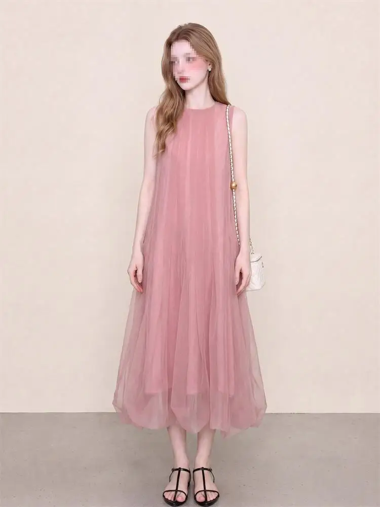 Summer New Pink Smoke Color Sleeveless Pleated Dress Women's High Waist Flower Bud Atmosphere Sensation Dress Commute Style