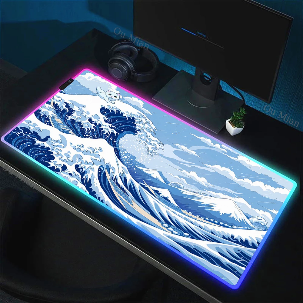 

The Great Wave off Kanagawa Anime Mouse Pad Kawaii Backlit Gaming Keyboard Mat Office Desk Rug Luminescence Playmat