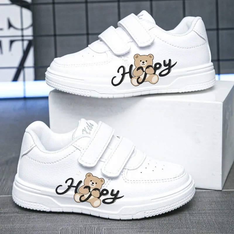 Boys Girls White Shoes with Cartoon Bear Printed Classic Fashion Autumn Kids School Casual Running Sports Shoes 21-38 Breathable