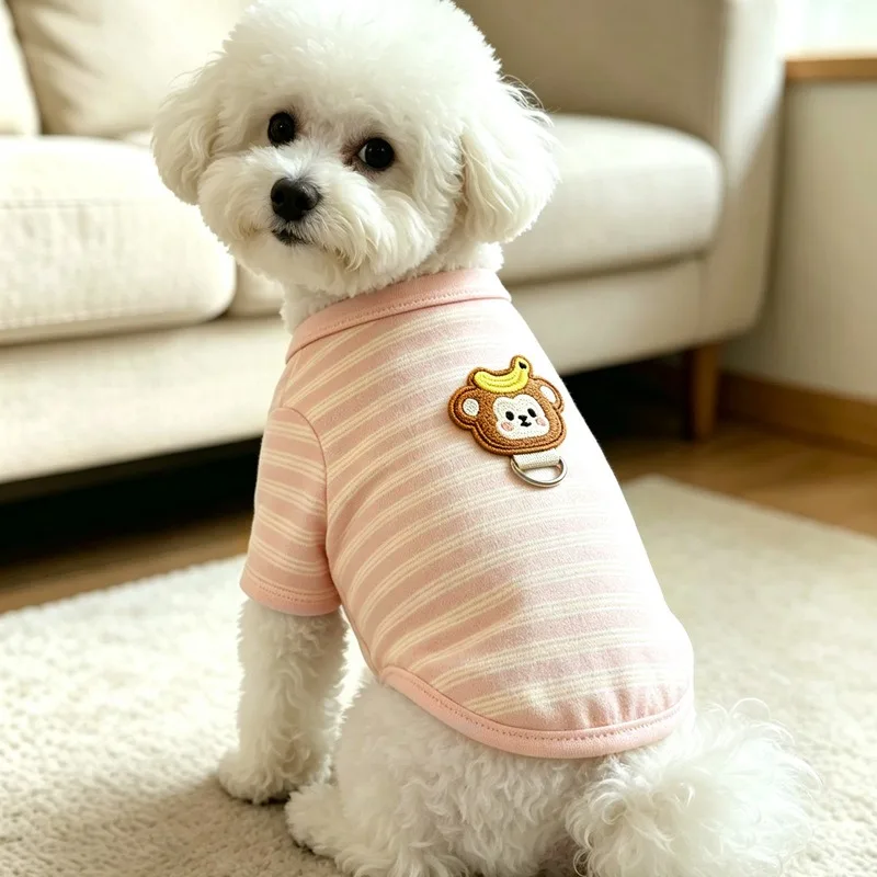 Pet Dog Winter Clothes with Little Monkey Pattern Vest | Anti-Shedding Dog Lounge Wear | Striped Base Layer Shirt for Cats