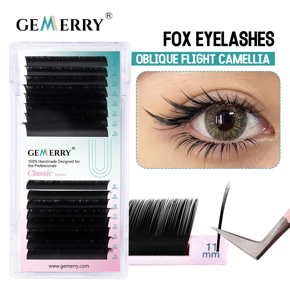 Gemerry LC 컬 여우 속눈썹, 익스텐션 밍크 실크, 115 ° 기울어진 만화 비스듬한 비행 스타일, 카멜리아 개별 속눈썹, 메이크업 도구