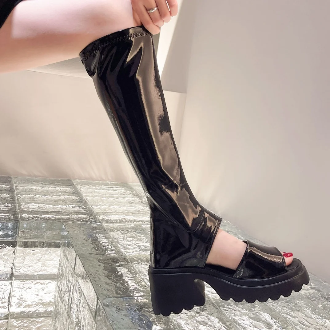 Open Toe Platform Women Sandals 2023 Summer New High Heels Knee High Boots Korean Elastic Cloth Sandals Ladies Thick-soled Shoes