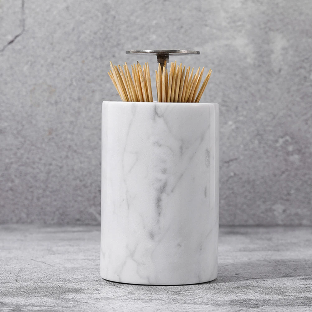 

Marble Pattern Cotton Swab Box Toothpick Holder Storage Container with Lid Auto Open Press Design for Home Travel Decorative