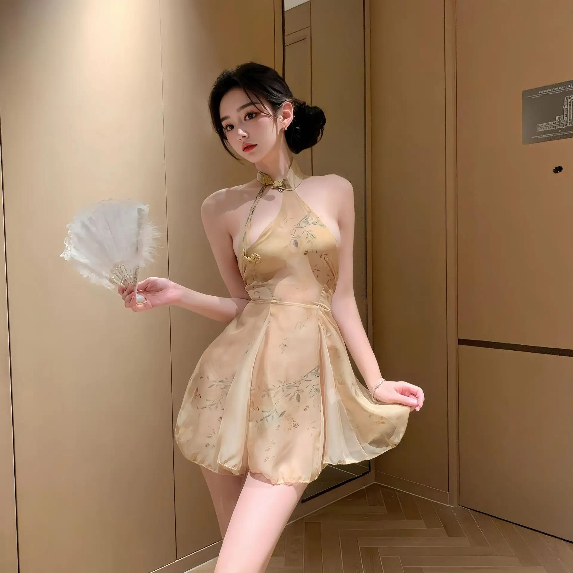 فستان نسائي عتيق مثير بدون أكمام فستان صيفي قصير بياقة واقفة وخصر عالي فساتين حفلات أنيقة ضيقة #2