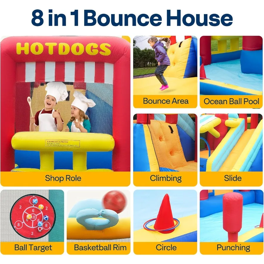 Casa de rebote 9 en 1 para niños, castillo inflable con tema de mercado con tobogán, bóveda inflable de 13x11 pies para exteriores con soplado