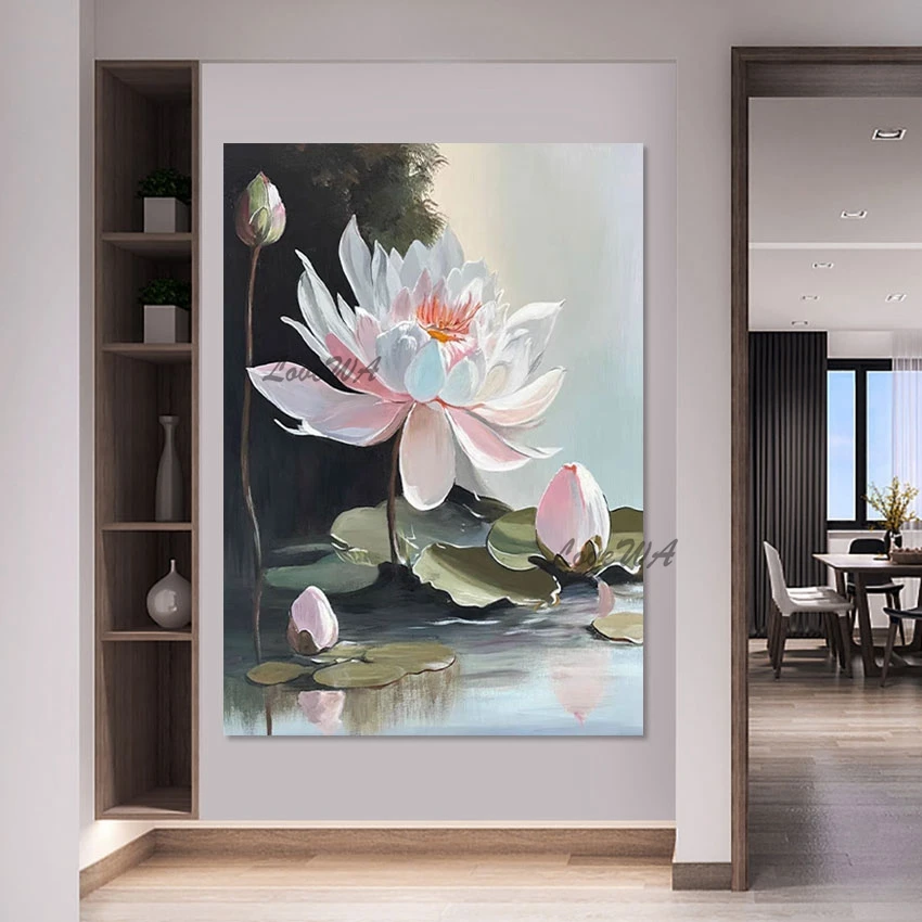 High Quality Canvas Art Beautiful Lotus Flowers Handmade Oil Painting Home Decoration Custom Artwork Living Room Wall Picture