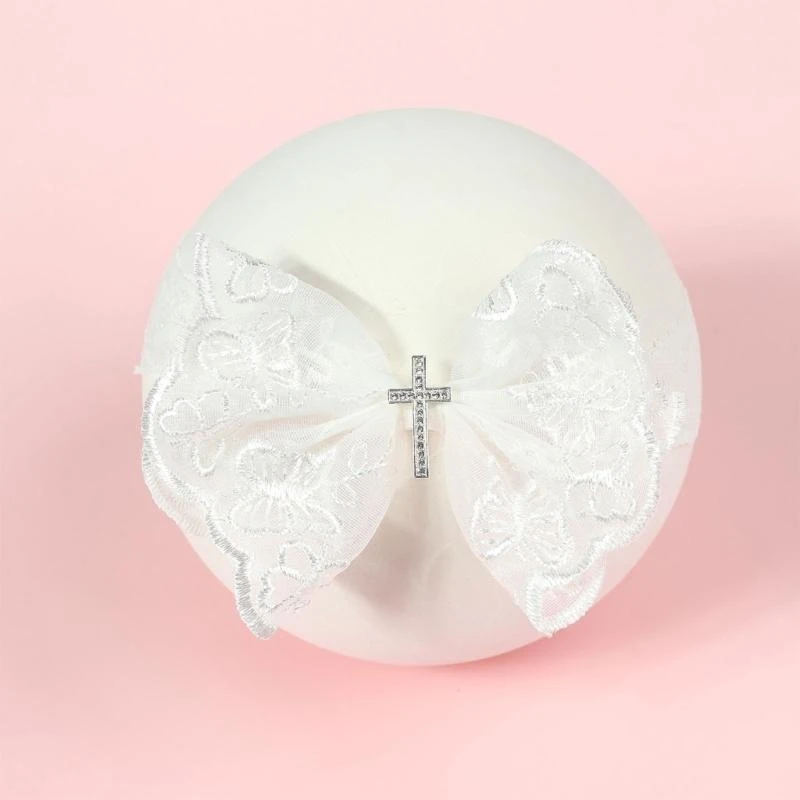 J15U ربطات شعر من الدانتيل الأبيض للأطفال الصغار، أربطة شعر عمامة للتعميد، هدية استحمام لحديثي الولادة