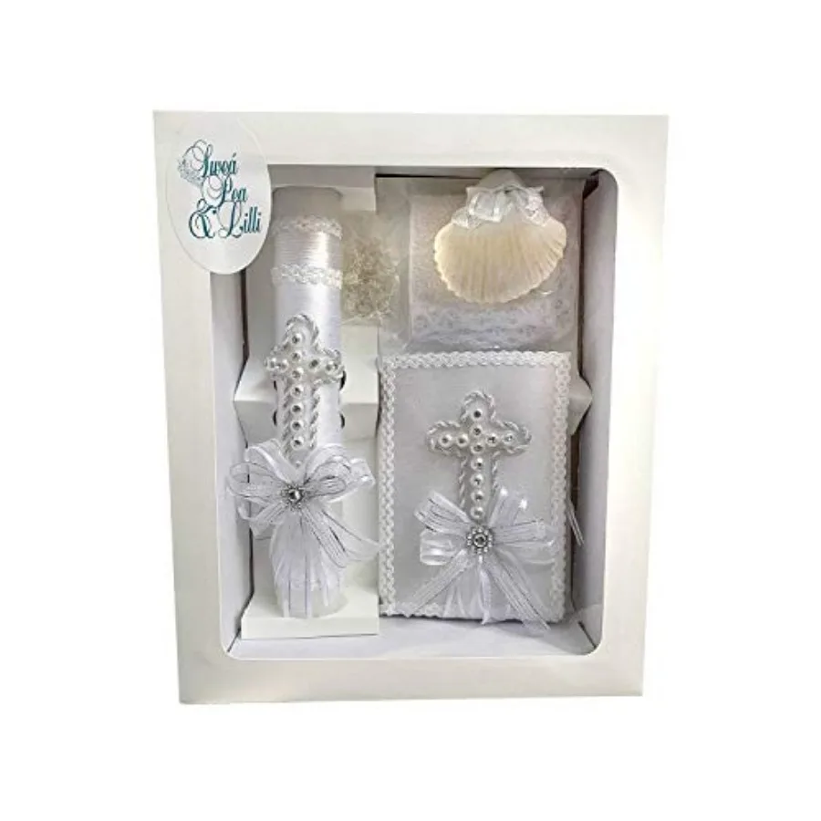 

SWEA Pea and Lilli White Pearl Cross Baptism Candle Set Kit for Christenings with Shell and Favors