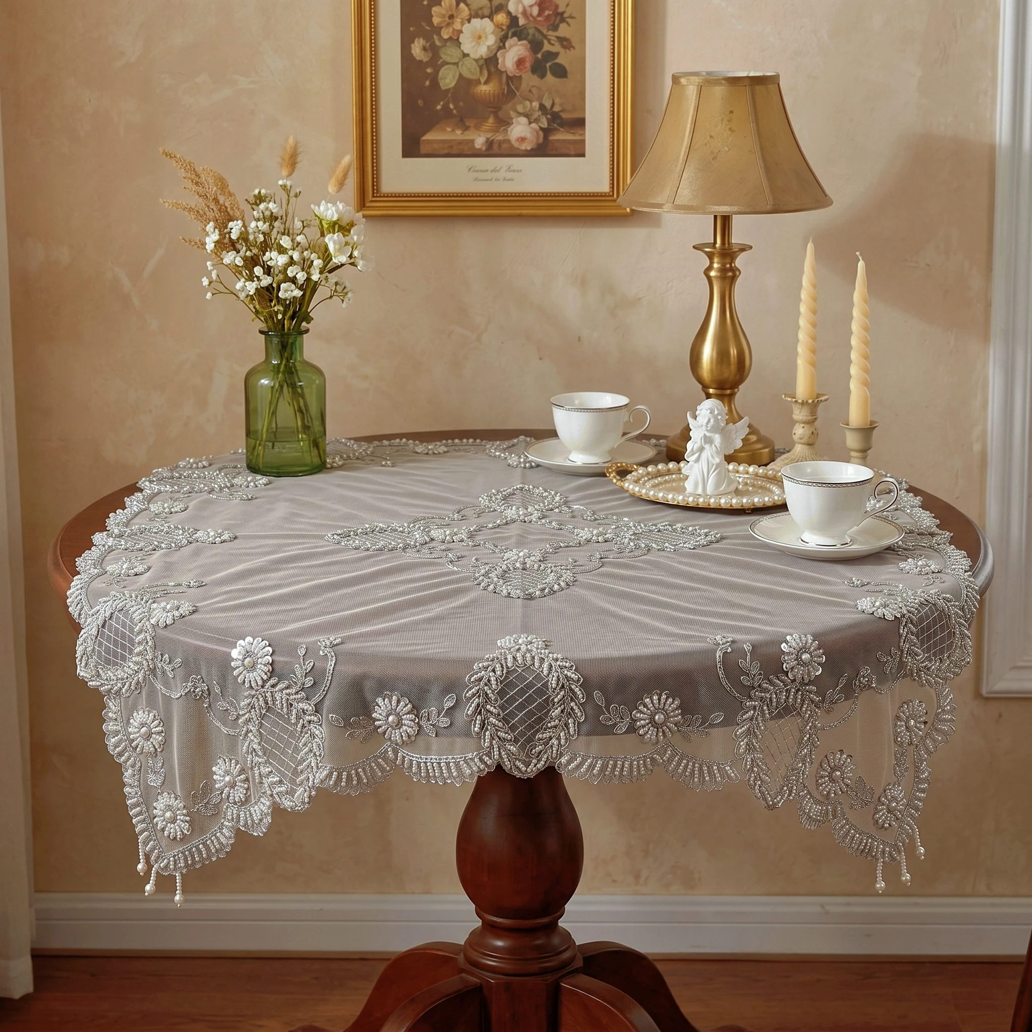 Handmade Tulle Table Runner Silver Sequin Lace Tablecloth Embroidery Dust Cover For Round Tables Festive Home Dining Decor