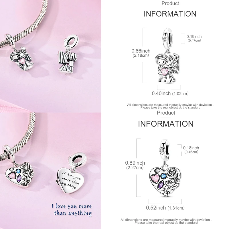 925 Sterling Silber Liebesherz Paar Familie Rose Motorrad Charm-Perlen DIY Armband Halskette Jubiläumsgeschenk für Frauen – Detail 3