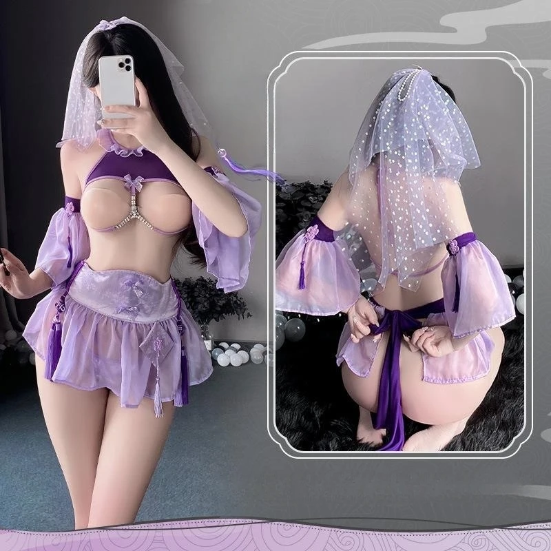 Women Sexy Lingerie Maid Uniform Purple Crotchless Chest Exposed Split Outfit Antique Tassel Underwear Anime Cosplay Costumes