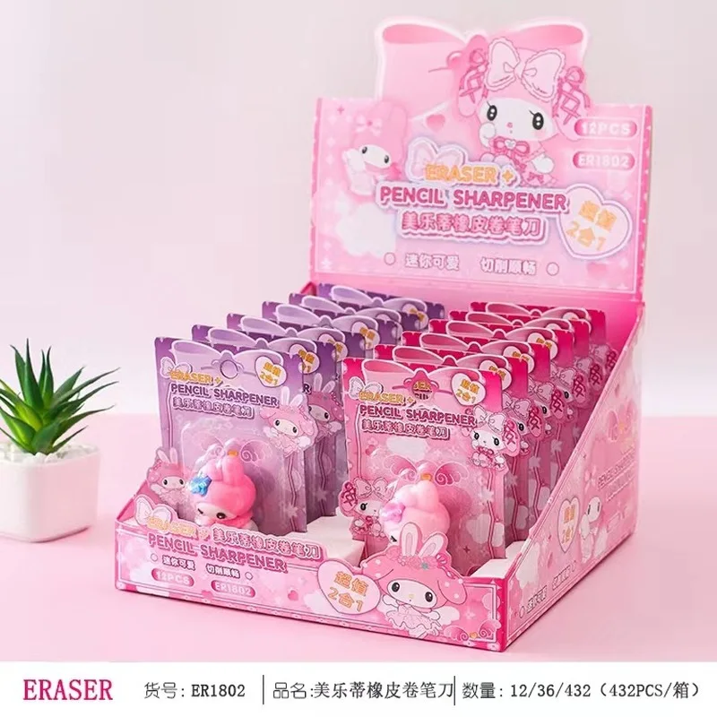 12pcs Cartoon Trio Kuromi Hello Kitty Melody High Beauty Single Hole Pencil Sharpener Doll for Elementary School Students