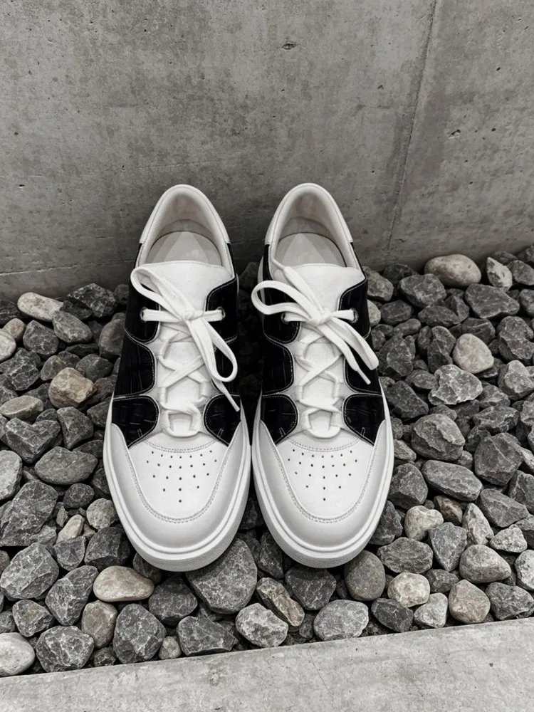 Spring Autumn Men Versatile Crocodile Leather Patchwork Calfskin Footwear Platform Casual Sneakers Lace Up Round Toe Male Shoes