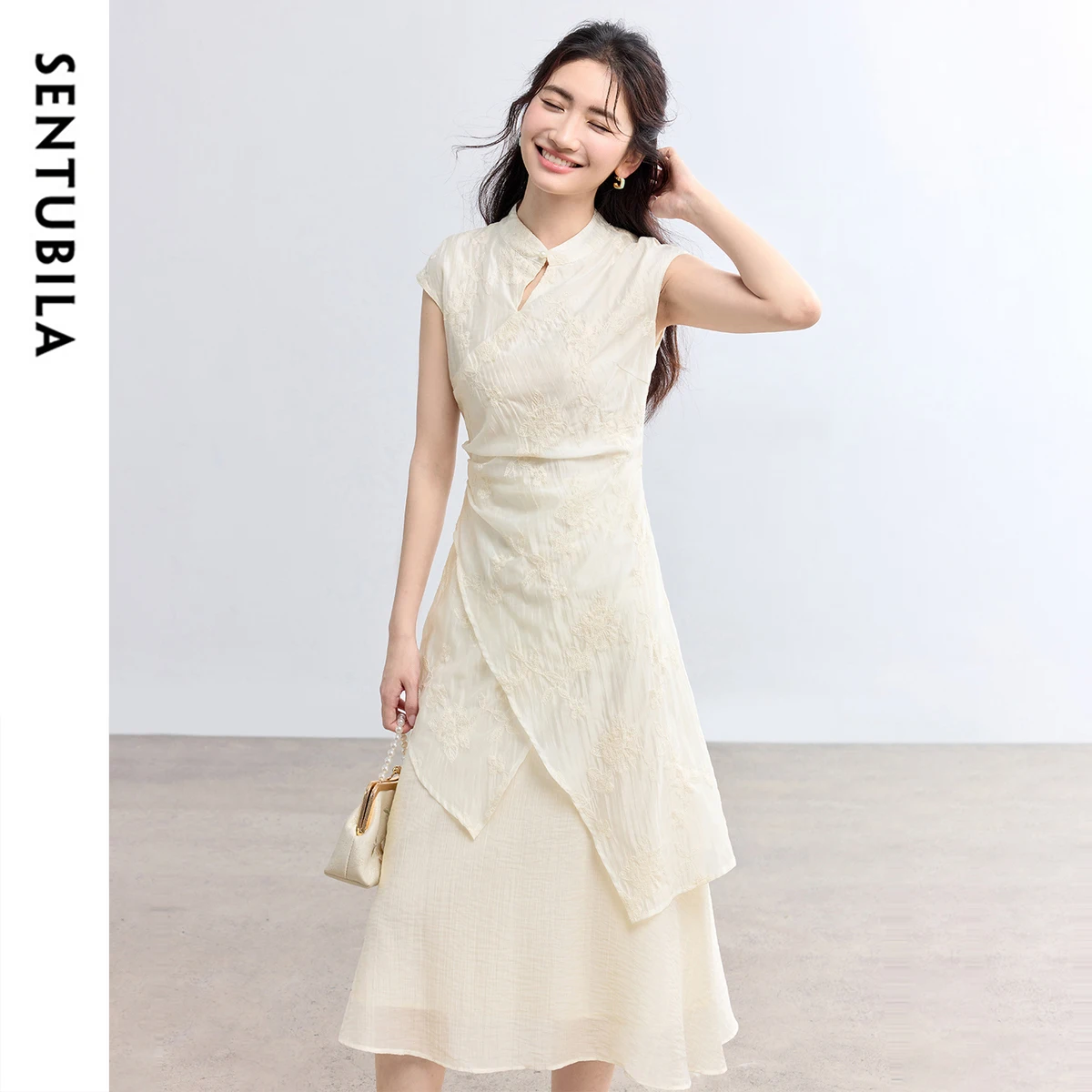 SENTUBILA Apricot Long Elegant Woman Dress 2025 Summer Chinese Style Patchwork 2 In 1 Stand Elegant Female Dresses T52LI2346