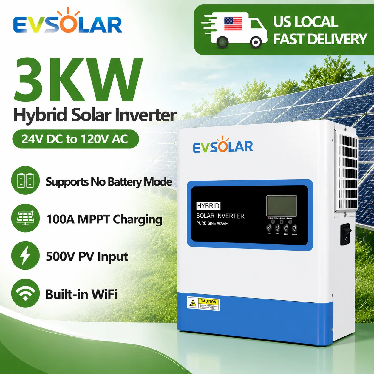 3000W Hybrid Solar Inverter 24V DC to 120V AC Pure Sine Wave Inverter with 100A MPPT Charger Grid Tie No Battery Mode