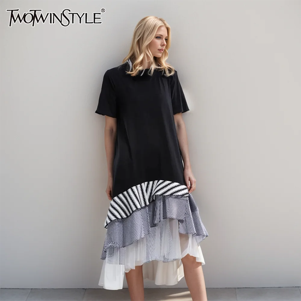 TWOTWINSTYLE Asymmetrical Mesh Patchwork Women Dress O Neck Short Sleeve Elegant Striped Hit Color Dresses Female Fashion New