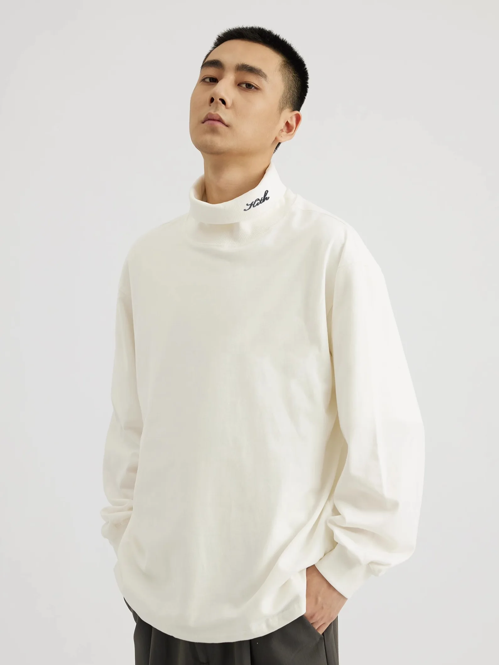 

Мужская теплая базовая футболка KITH 24 Autumn с высоким воротником, длинным рукавом, вышитым логотипом, из чистого хлопка, для повседневной носки