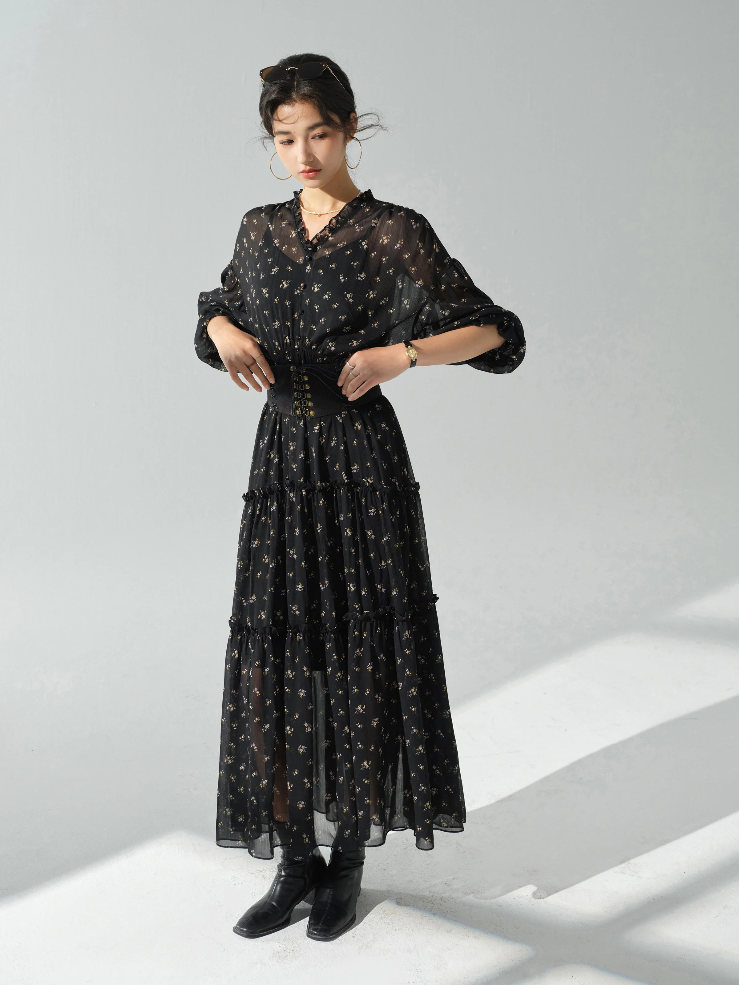 French Style Floral Dress Women Elegant Autumn Maxi Tea Dress with High Waist Flared Hem Long Sleeve Vintage Casual Party Outfit