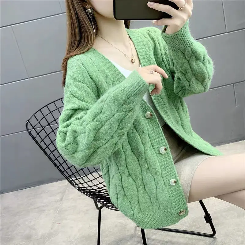 Spring Clothes Thickened Fried Dough Twist Knitting Cardigan Women\'s Sweater Loose Wear New Autumn and Winter Coat Top