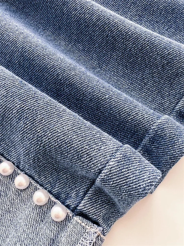 Mädchen Gestreiftes Oberteil mit Schleifenkragen + Perlen-Denim-Jeans 2-teiliges Outfit-Set Kinder Modekleidung Frühling Herbst 4-12 Jahre – Detail 6